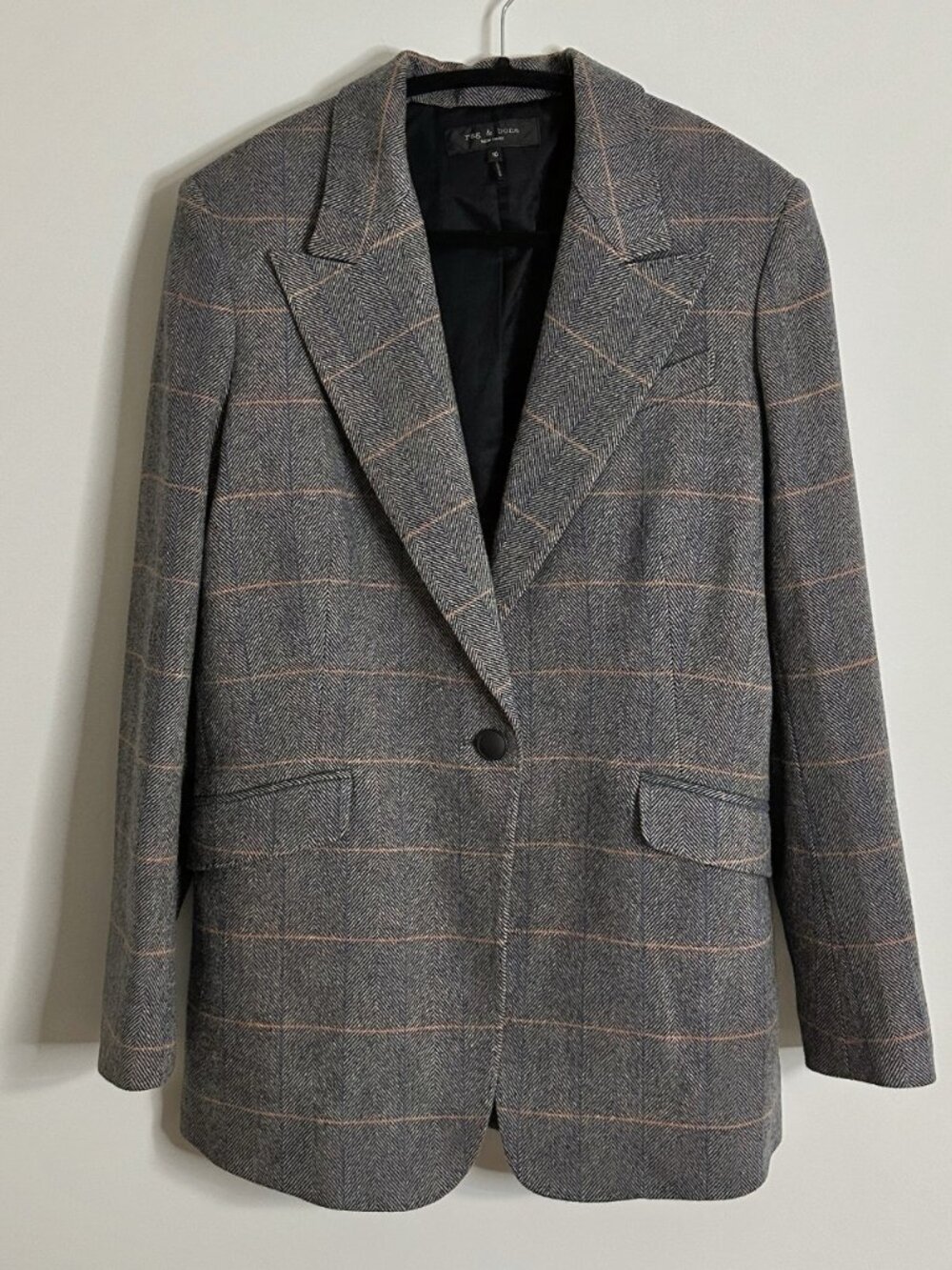 rag & bone Rylie Gray Plaid Wool Blend One Button Tailored Blazer Jacket 10